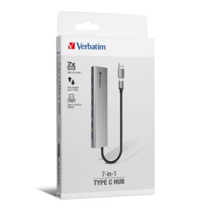 Verbatim 66973 Type C Hub 7 in 1 USB A 3.2 Gen 1 - Grey, 7 Port USB 3.2, 1 Port C-Type with USB to C Type Converter (OTG) ; High Speed Data Transfer for Laptop, MacBook, PC
