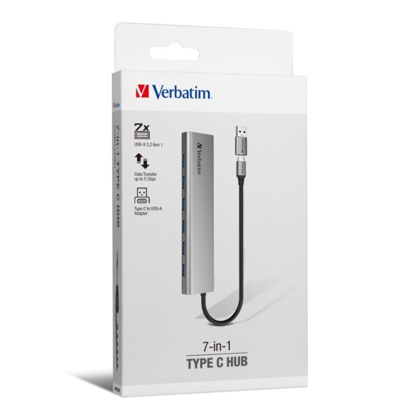 Verbatim 66973 Type C Hub 7 in 1 USB A 3.2 Gen 1 - Grey, 7 Port USB 3.2, 1 Port C-Type with USB to C Type Converter (OTG) ; High Speed Data Transfer for Laptop, MacBook, PC