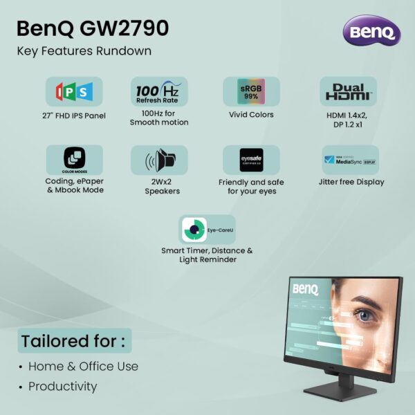 BenQ GW2790 27" 1920x1080p FHD IPS Monitor| 100Hz|99% sRGB|Eye-careU|Dual HDMI|Display Port|Bezel-Less|Eyesafe|VESA MediaSync|B.I.|Low Blue Light+| Speakers|VESA Wall mountable(Black) - Image 6